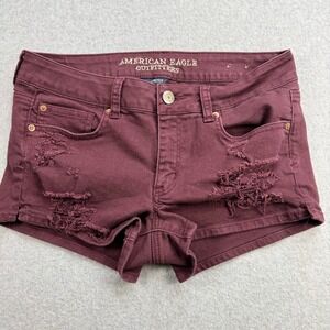 AE Shortie Shorts Womens 10 Burgundy Excellent Distressed Stretch Denim